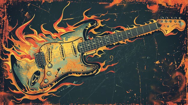 Una guitarra eléctrica con llamas la guitarra está en primer plano y las llamas están en el fondo