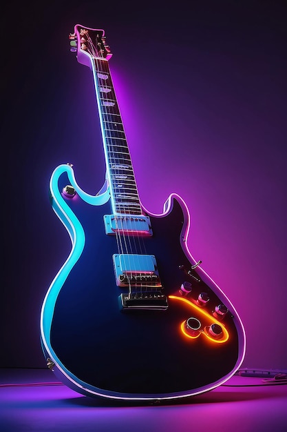 Guitarra eléctrica con luz de neón naturaleza muerta