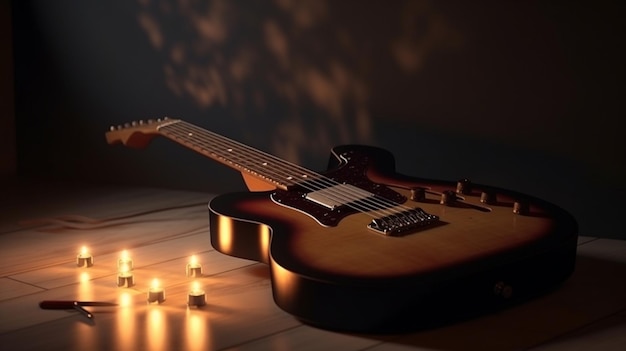 Guitarra eléctrica en un piso de madera con velas en el ai oscurogenerativo