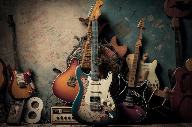 Guitarra eléctrica rodeada de una colección de guitarras antiguas creadas con ai generativo
