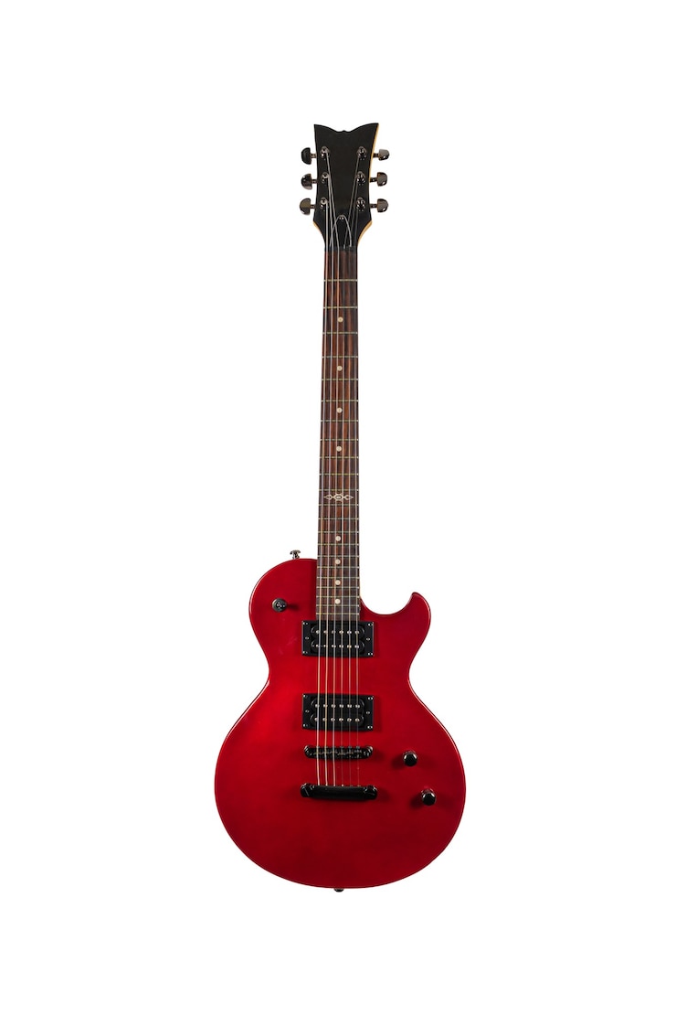 Foto guitarra eléctrica roja aislada sobre fondo blanco.