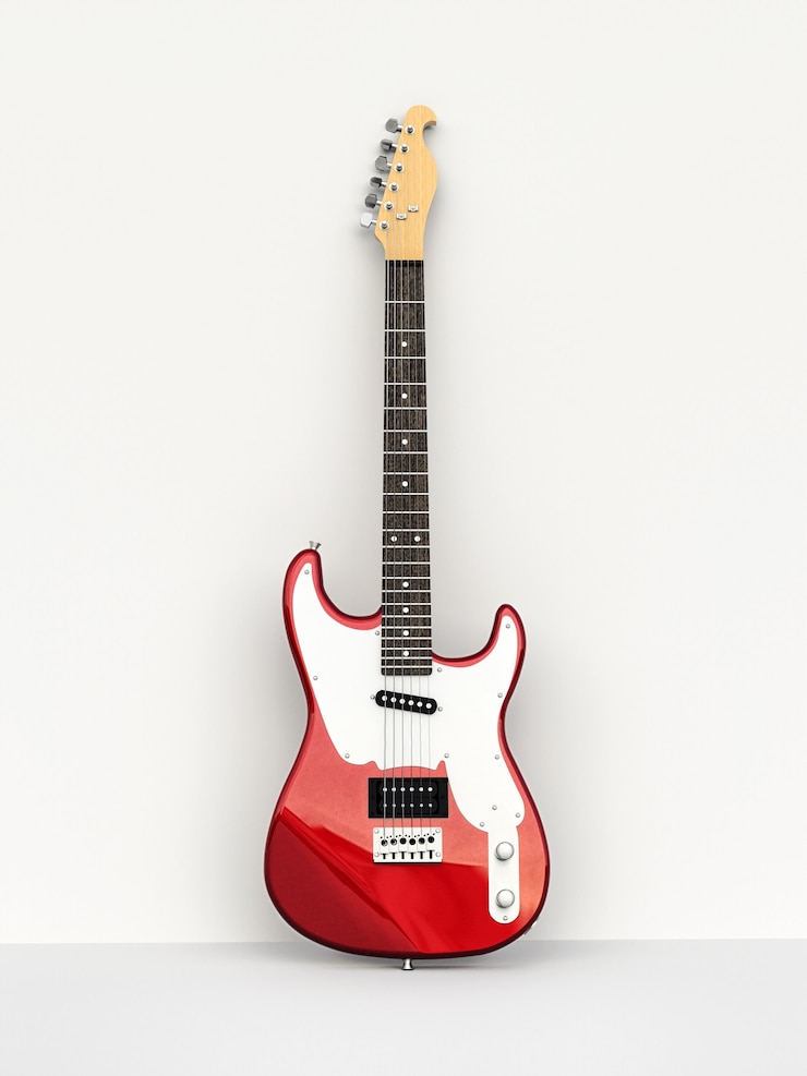 Foto guitarra eléctrica de seis cuerdas roja y blanca sobre un fondo blanco, apoyada contra la pared. representación 3d.