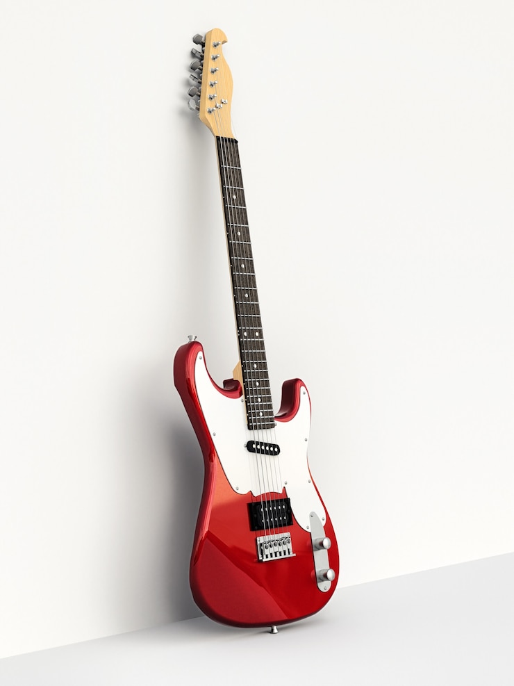 Foto guitarra eléctrica de seis cuerdas roja y blanca sobre un fondo blanco, apoyada contra la pared. representación 3d.