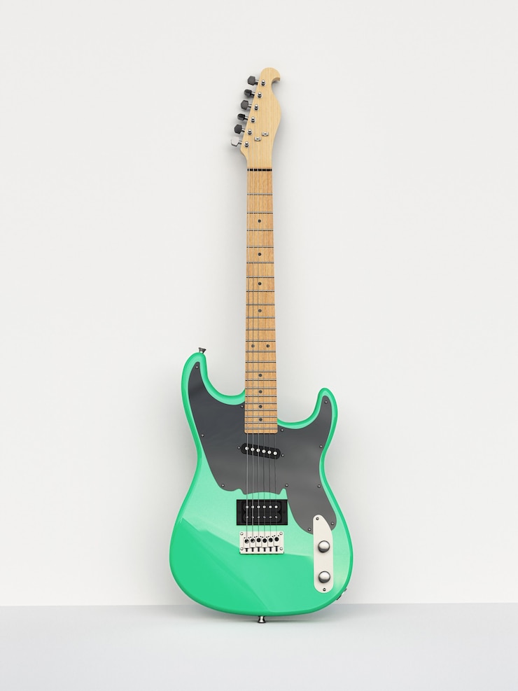 Foto guitarra eléctrica de seis cuerdas roja y blanca sobre un fondo blanco. representación 3d.