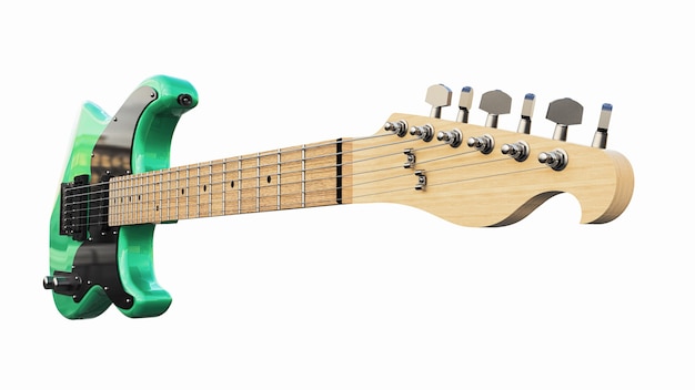 Guitarra eléctrica de seis cuerdas verde y negra sobre un fondo blanco aislado. Representación 3D.