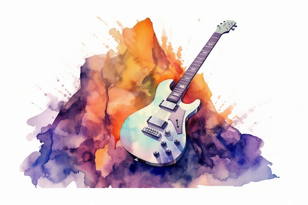 Foto la guitarra eléctrica semiacutica está en rocas de colores en estilo acuarela abstracta y colorida