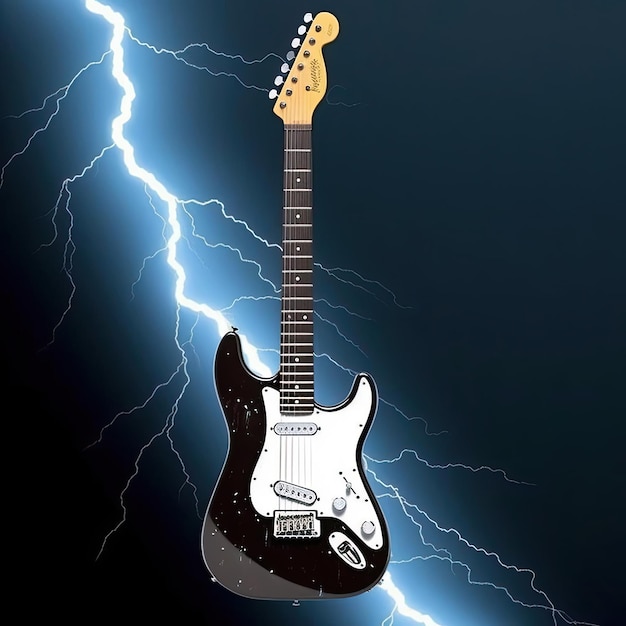Guitarra eléctrica sobre un fondo oscuro con relámpagos y truenos Ilustración vectorial