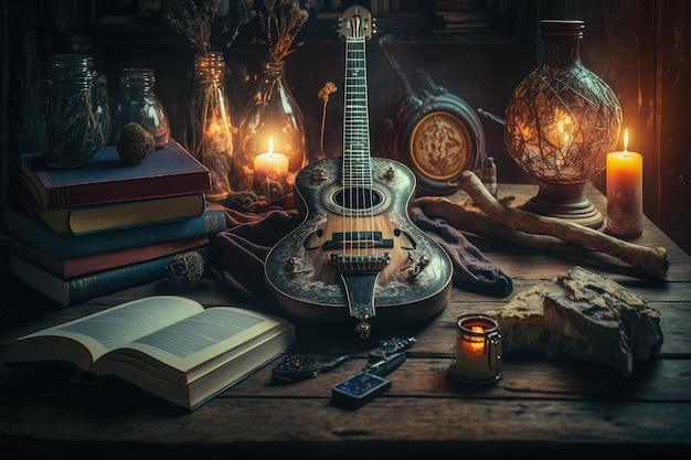 Foto guitarra eléctrica sobre una mesa de madera rodeada de libros y velas creadas con ai generativo