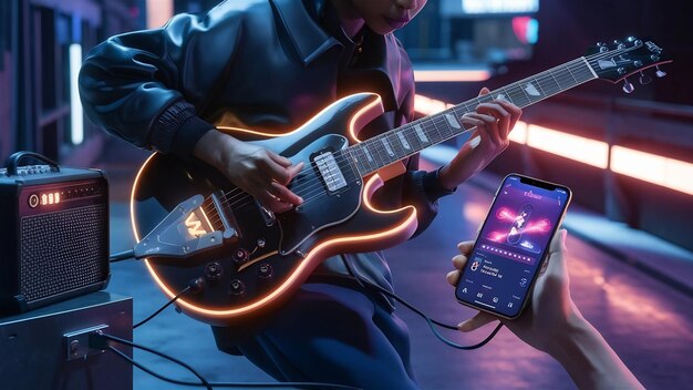 Foto guitarra electrónica con amplificador de guitarra y teléfono inteligente tocando música