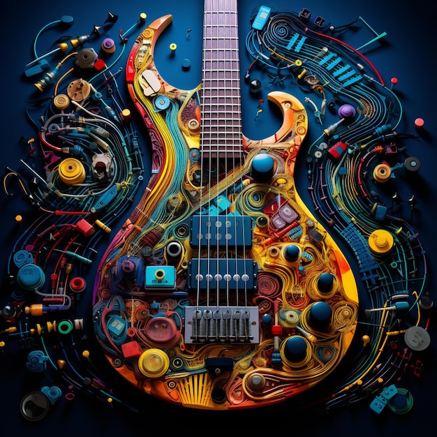 guitarra elétrica colorida com notas musicais e botões generativos ai