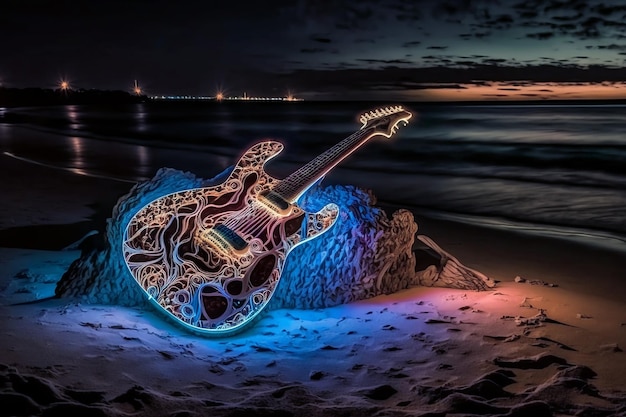 Guitarra elétrica colorida luminosa na praia à noite