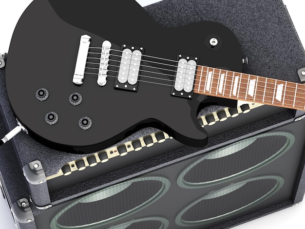 Guitarra elétrica com renderização 3D do amplificador