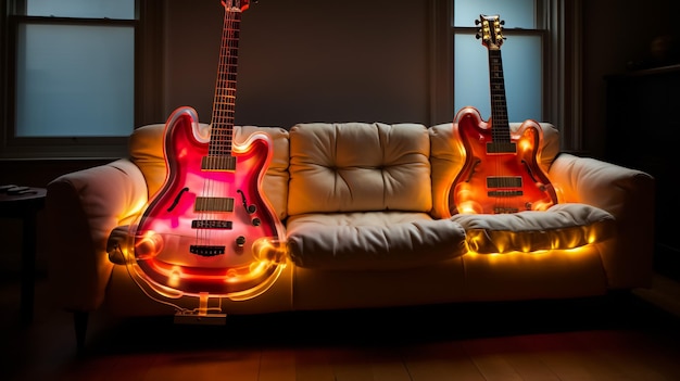 Guitarra elétrica contra uma parede de tijolos à luz de néon