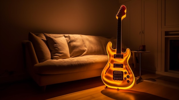 Foto guitarra elétrica contra uma parede de tijolos à luz de néon