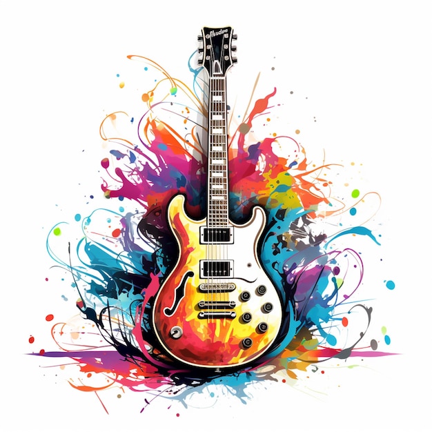 guitarra elétrica de cores brilhantes com salpicos e manchas em fundo branco ai generativo