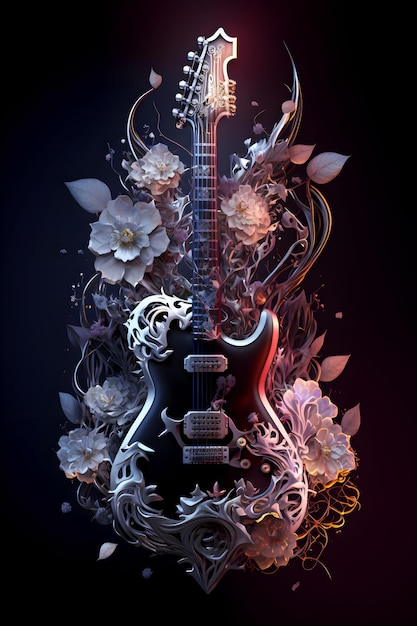 Guitarra elétrica e criação musical. Melodia e música. Cartaz para show de pop e rock e festival.