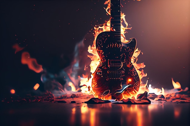 Guitarra elétrica em frente à lareira acesa Guitarra elétrica em chamas backgroundgenerative ai