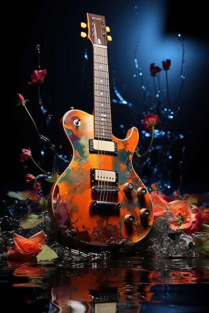 Foto guitarra elétrica em um fundo escuro com rosas e gotas de água