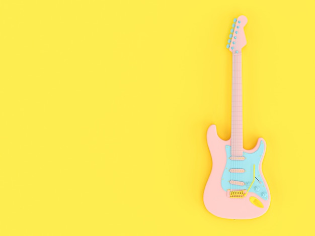 Guitarra elétrica nas cores sólidas rosa, azul e amarelo em um fundo amarelo.