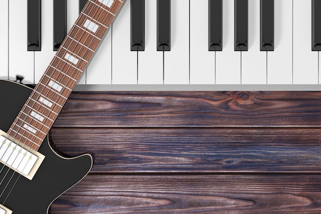 Guitarra elétrica preta com teclas de piano em uma mesa de madeira closeup extrema. renderização 3d