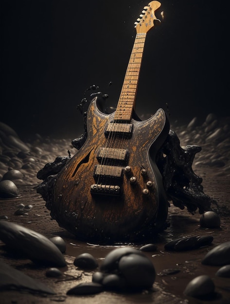 Guitarra em um fundo escuro ilustração 3D estilo vintage