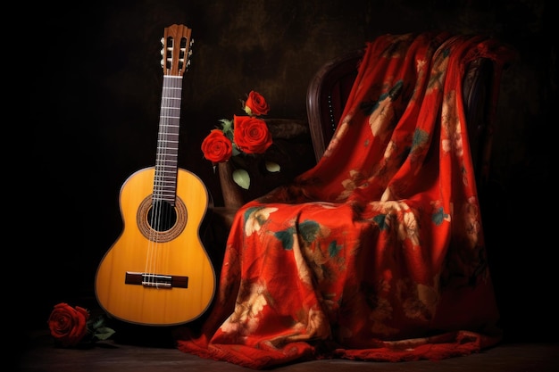 Foto guitarra española apoyada en una silla con traje de flamenca