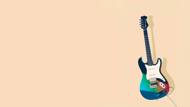 Una guitarra está apoyada contra una pared con la palabra música escrita.