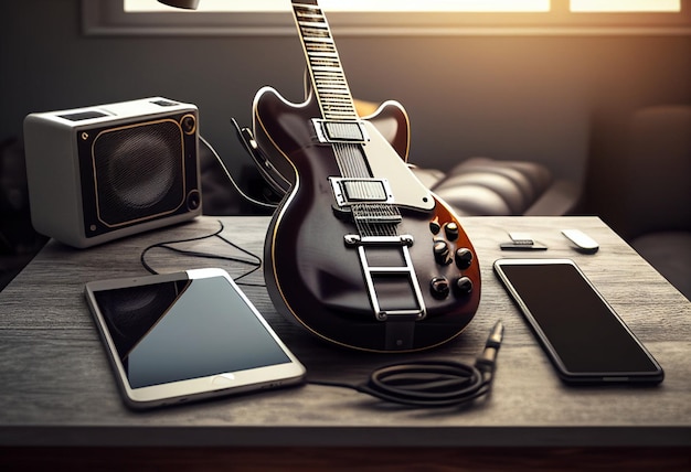 Una guitarra está en un escritorio al lado de un teléfono y un par de aparatos.