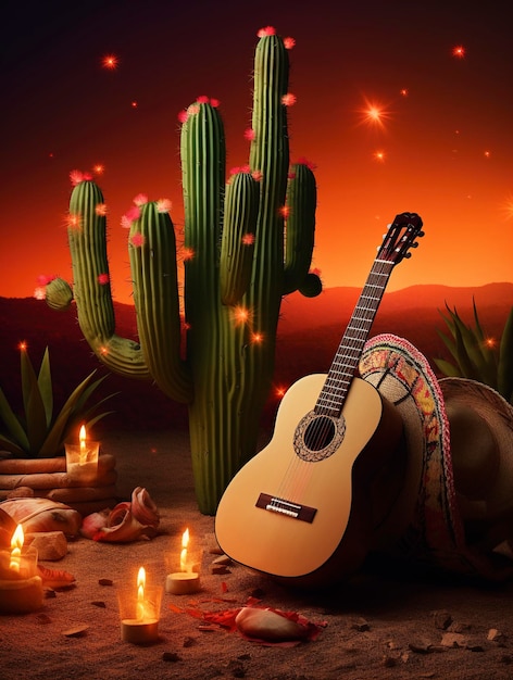 Una guitarra está tirada en el suelo junto a un cactus.