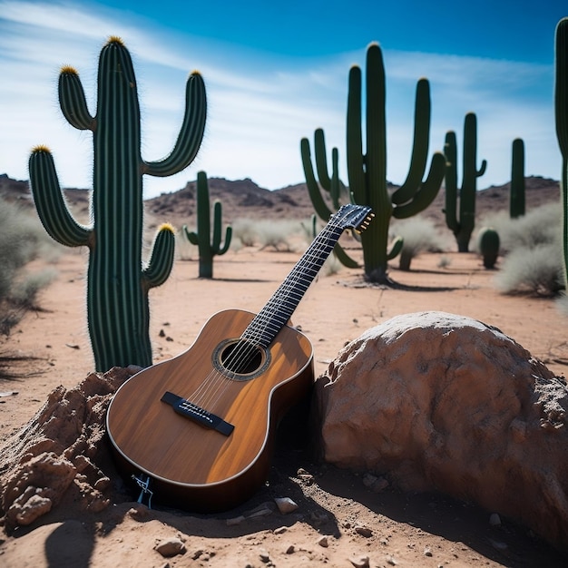 Una guitarra está tirada en el suelo junto a un cactus.