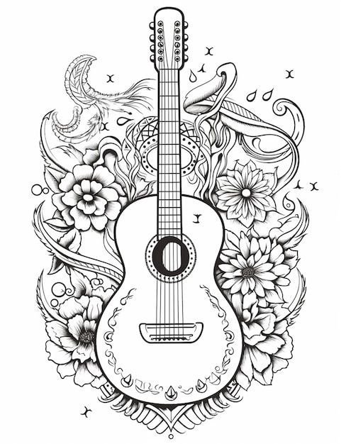 una guitarra con flores y pájaros en ella ai generativa