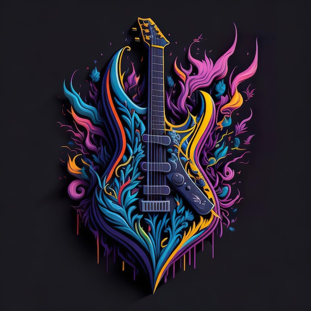 Una guitarra con fondo negro y un diseño colorido.