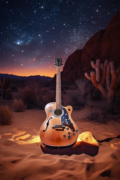 Guitarra en fondo de postre con luces y cactus.