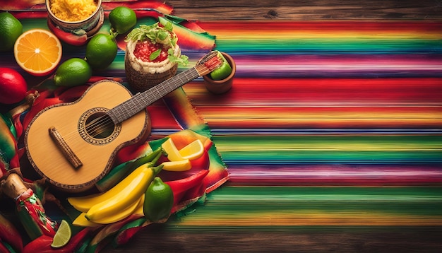 una guitarra y una fruta en una mesa con una cinta de color arco iris