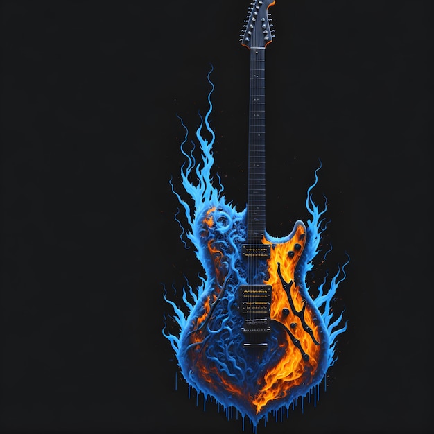 Una guitarra con fuego y la palabra fuego en ella