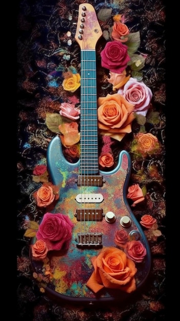 Foto guitarra gótica colorida vintage com flores