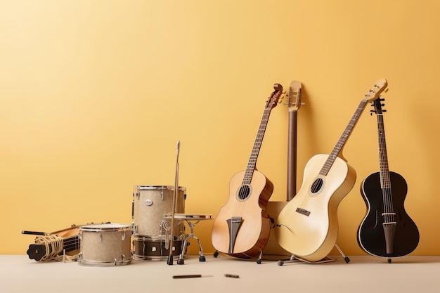 Una guitarra, una guitarra y una guitarra están alineadas contra una pared amarilla.