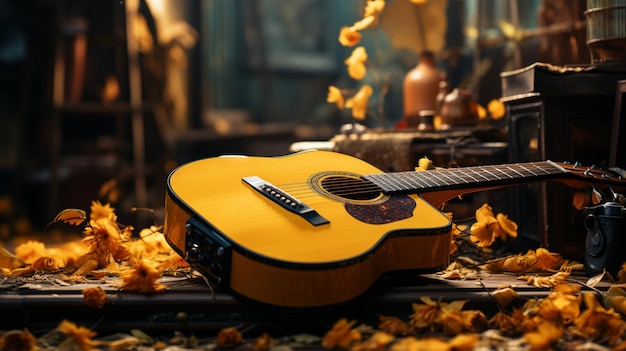 Guitarra en las hojas de otoño.