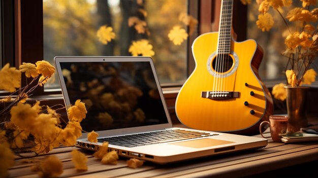 Foto guitarra en las hojas de otoño.