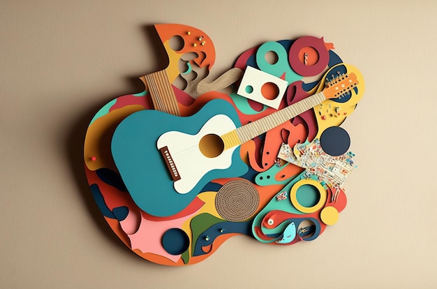 Guitarra ilustración musical moda arte papel collage diseño Generativo ai