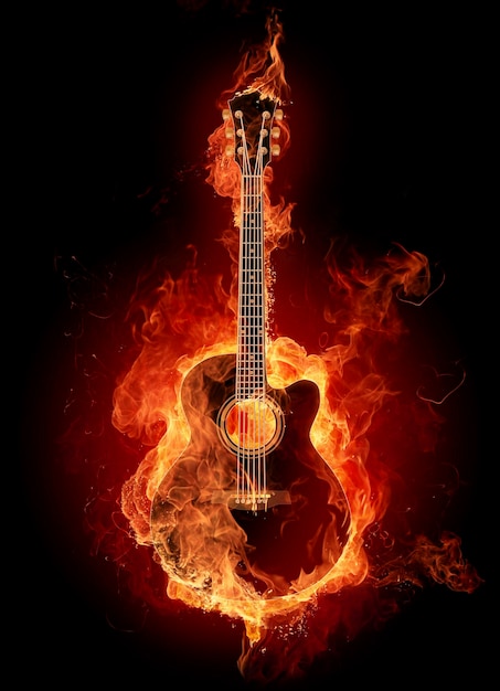 una guitarra en llamas con una guitarra en el fondo