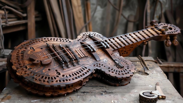 Una guitarra de madera se sienta en una mesa de madera La guitarra está intrincadamente tallada con un hermoso diseño