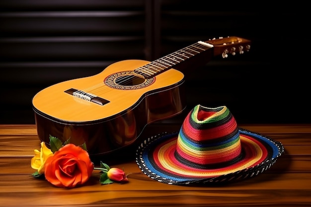 Foto la guitarra mariachi mexicana y el sombrero en la mesa