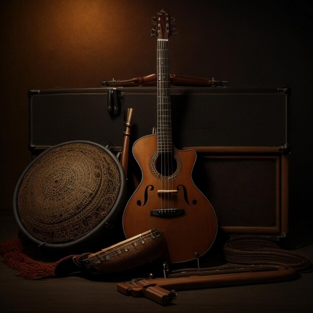 Foto una guitarra está en una mesa con otros artículos