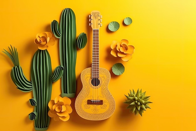 Guitarra mexicana papercut e cacto com espaço de cópia para texto para Cinco De Mayo e Da De Muertos