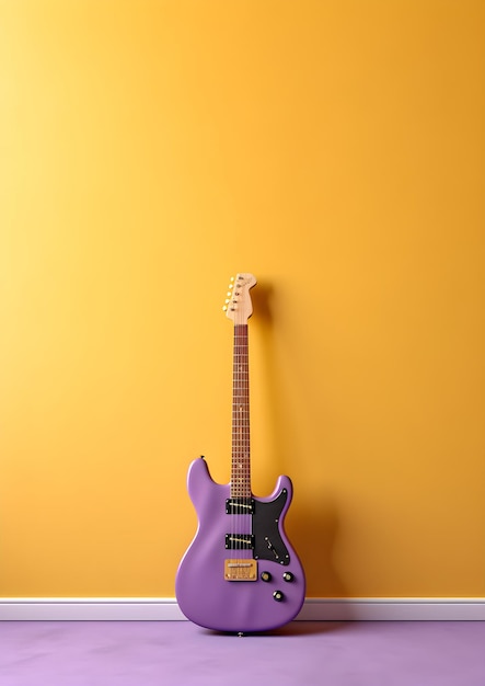 Una guitarra morada con la palabra rock en ella.