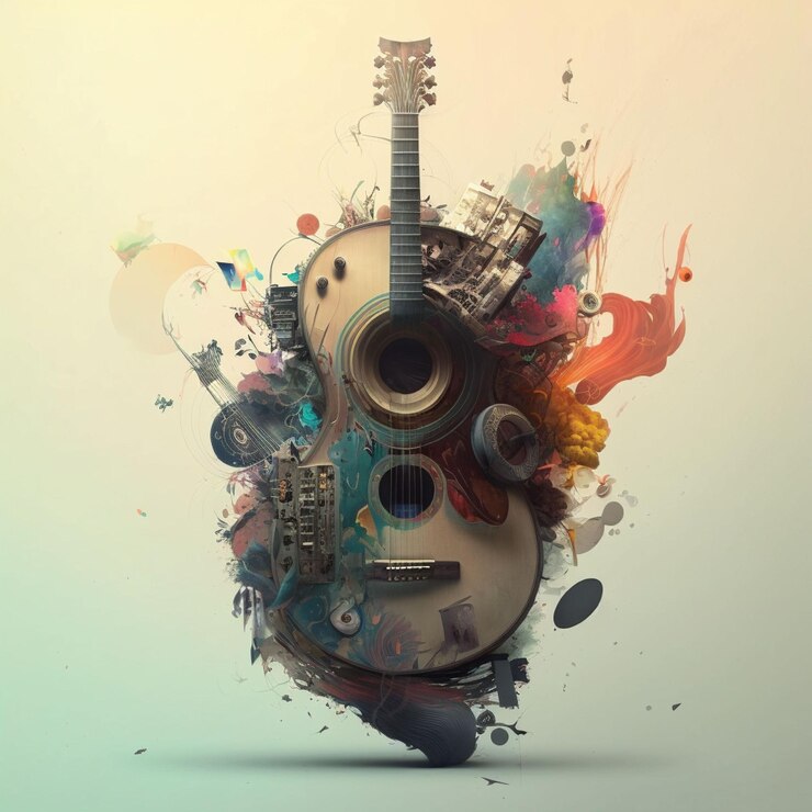 Una guitarra con muchos colores y mucha pintura.