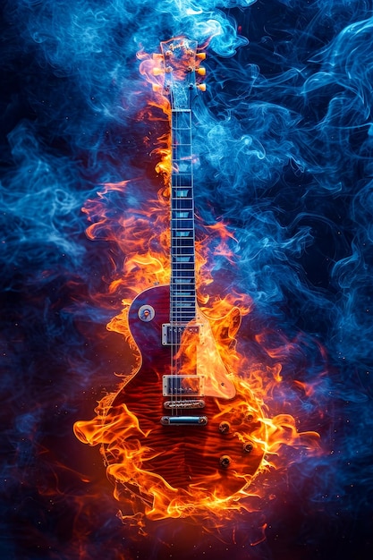 La guitarra se muestra en un fondo lleno de humo azul y naranja