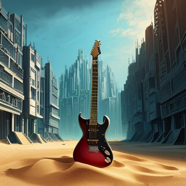 Foto guitarra na areia em um conceito de concerto de músico futurista da cidade