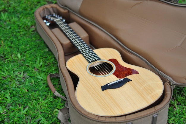 Foto guitarra na bolsa em fundo de grama